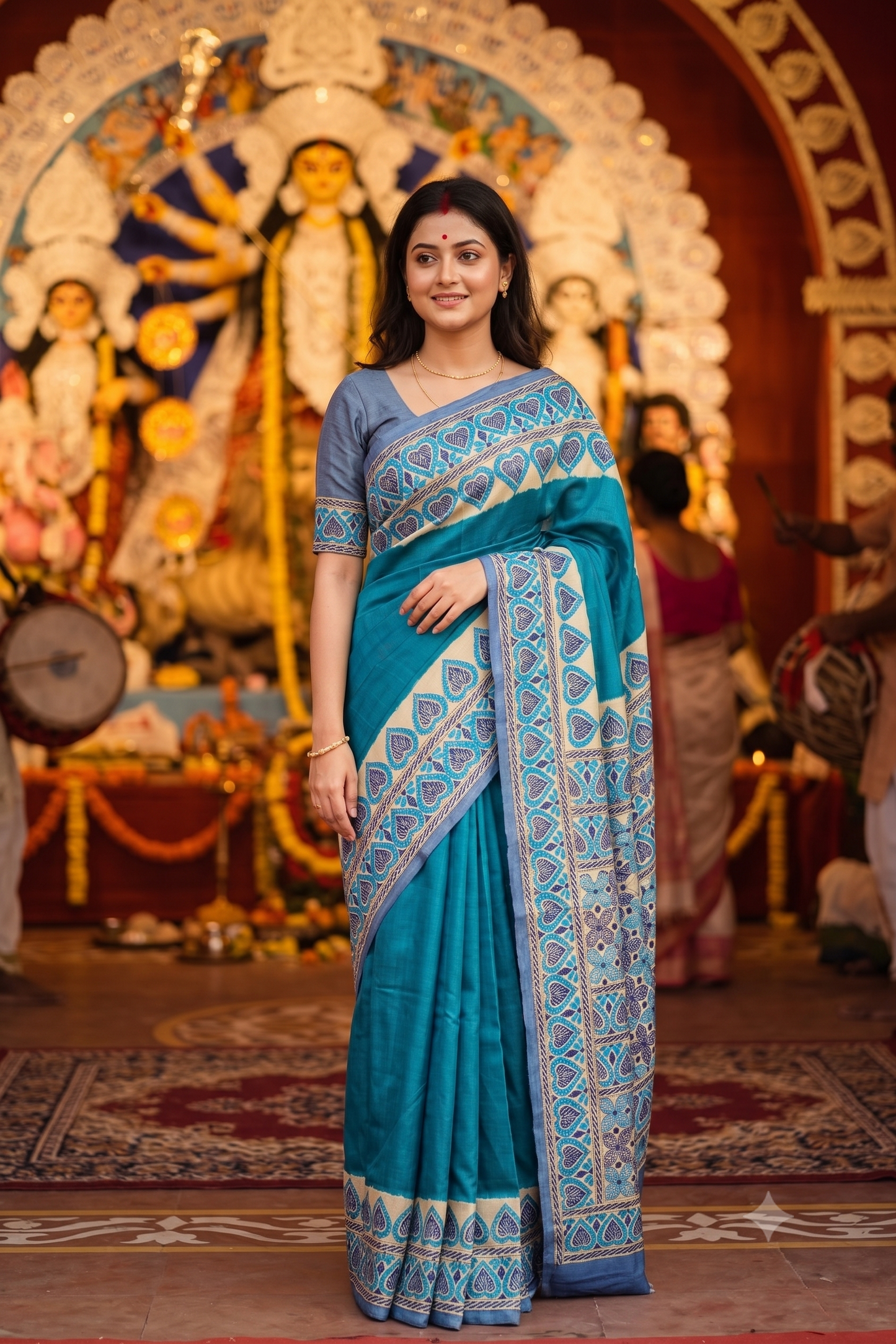 Teal Blue Tussar Embroidery Saree With Kantha Work Border, With Unstitched Blouse