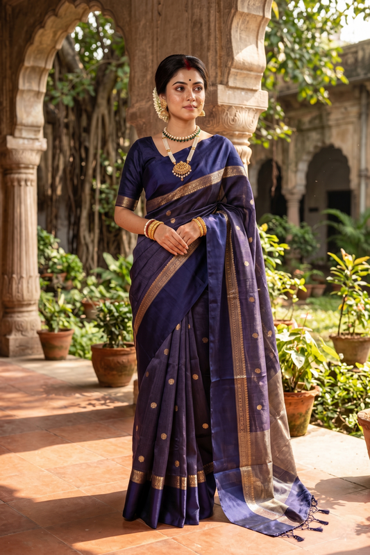 Navy blue tussar Banarasi silk saree with handwoven motifs and unstiched blouse, traditional wear by Saarang Sarees.