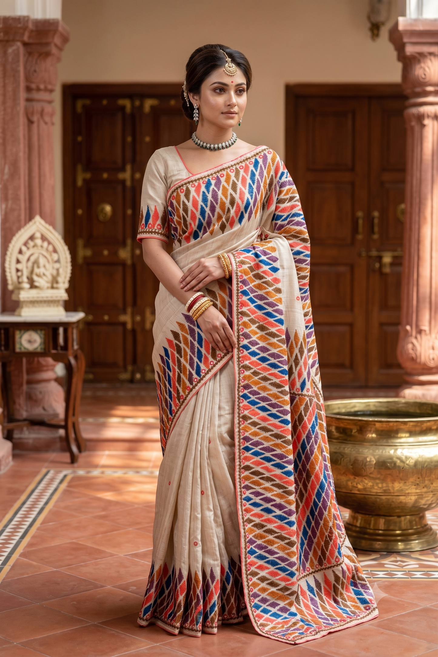 Off-White Tussar Embroidery Saree With Kathiawari Work Border, With Unstitched Blouse