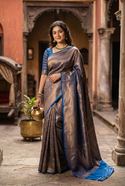 Indigo Blue Brocade Kora Banarasi Silk Saree, With Unstiched Blouse