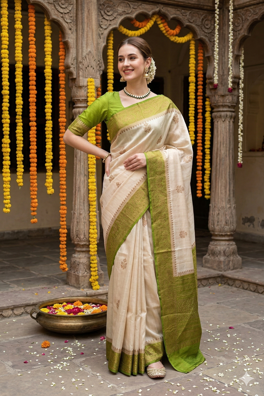 Offwhite Tussar Banarasi silk saree with handwoven motifs and unstiched blouse, traditional wear by Saarang Sarees