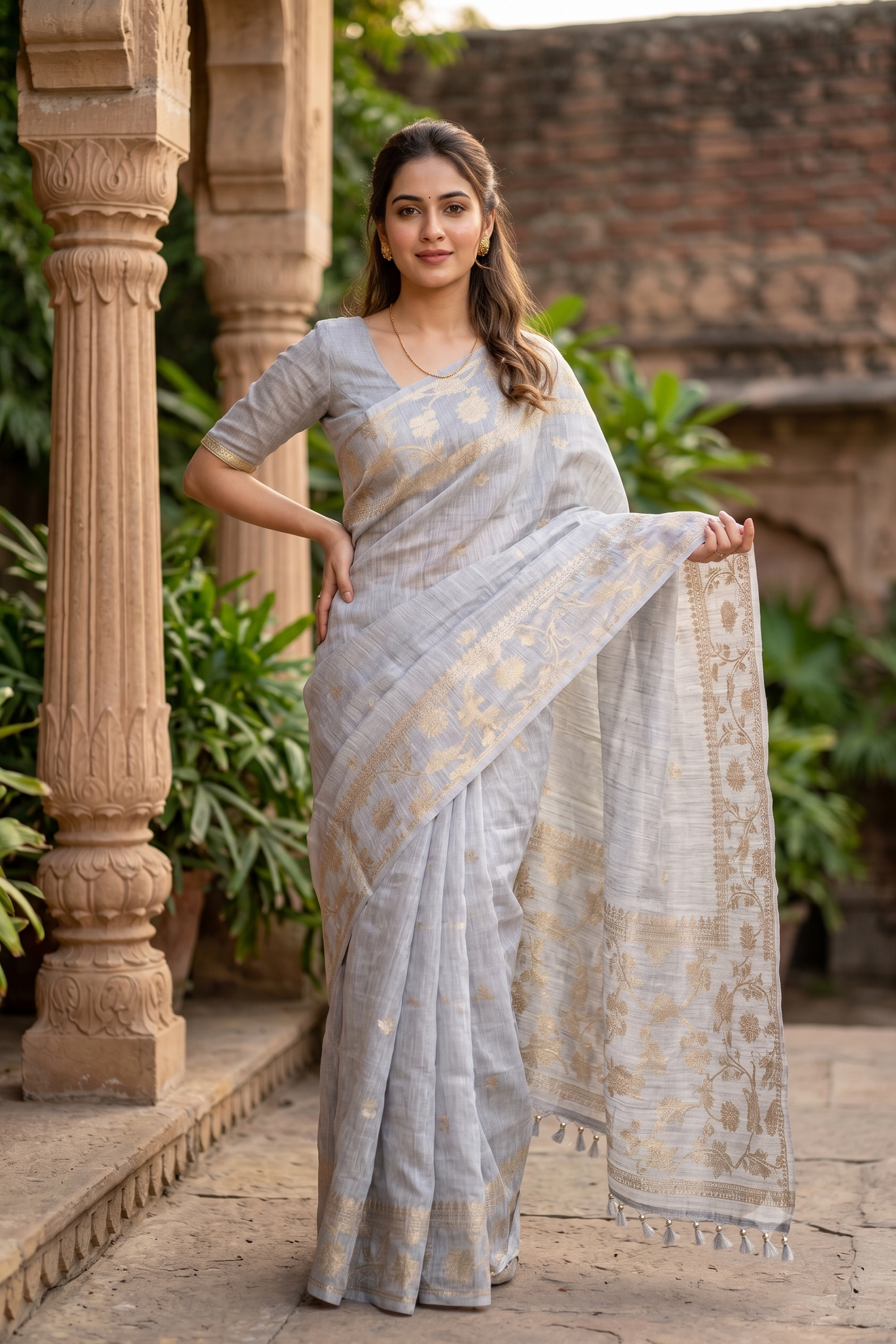 Light Grey Linen Banarasi Saree With Unstiched Blouse