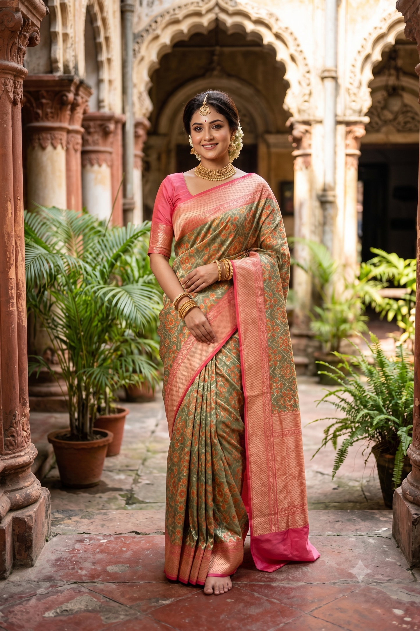 Pista Green & Multi Banarasi Silk Saree With Patola Concept, With Unstiched Blouse