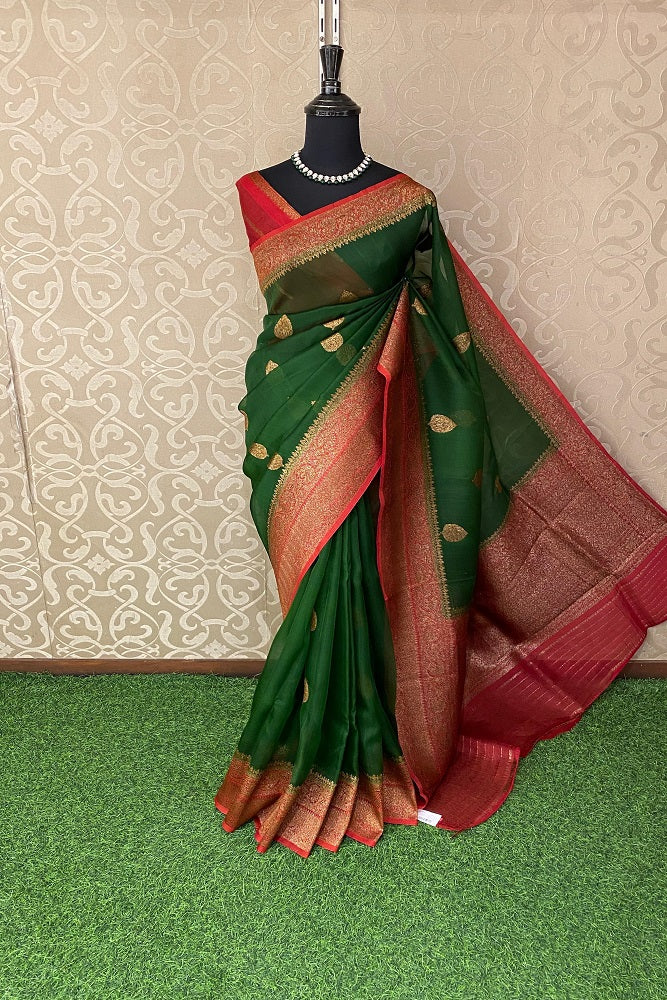 Bottle Green Kora Banarasi Silk Saree, With Unstiched Blouse