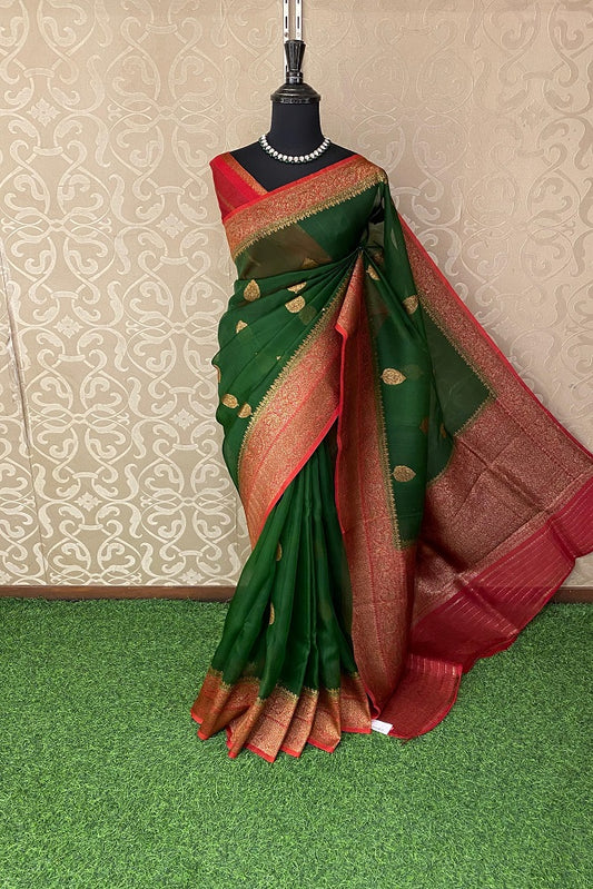 Bottle Green Kora Banarasi Silk Saree, With Unstiched Blouse