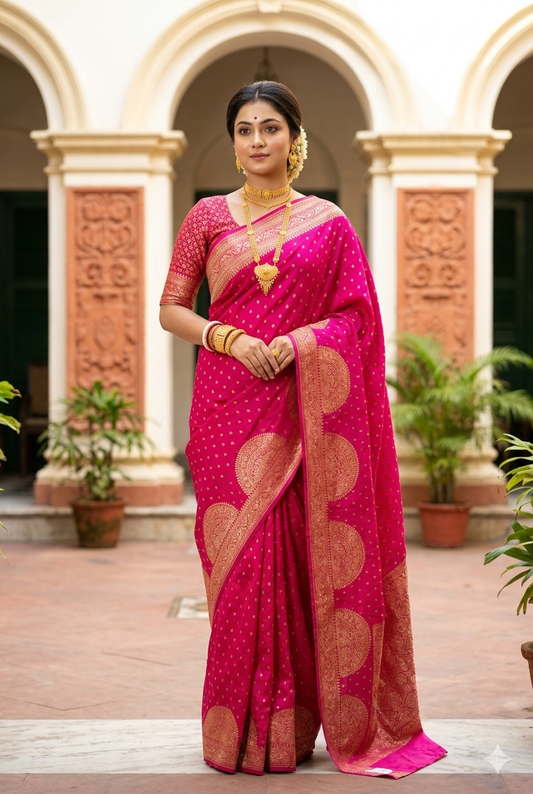 Rani crepe Khaddi Banarasi silk saree with intricate gold motifs and matching unstiched blouse, traditional wear from Saarang Sarees.