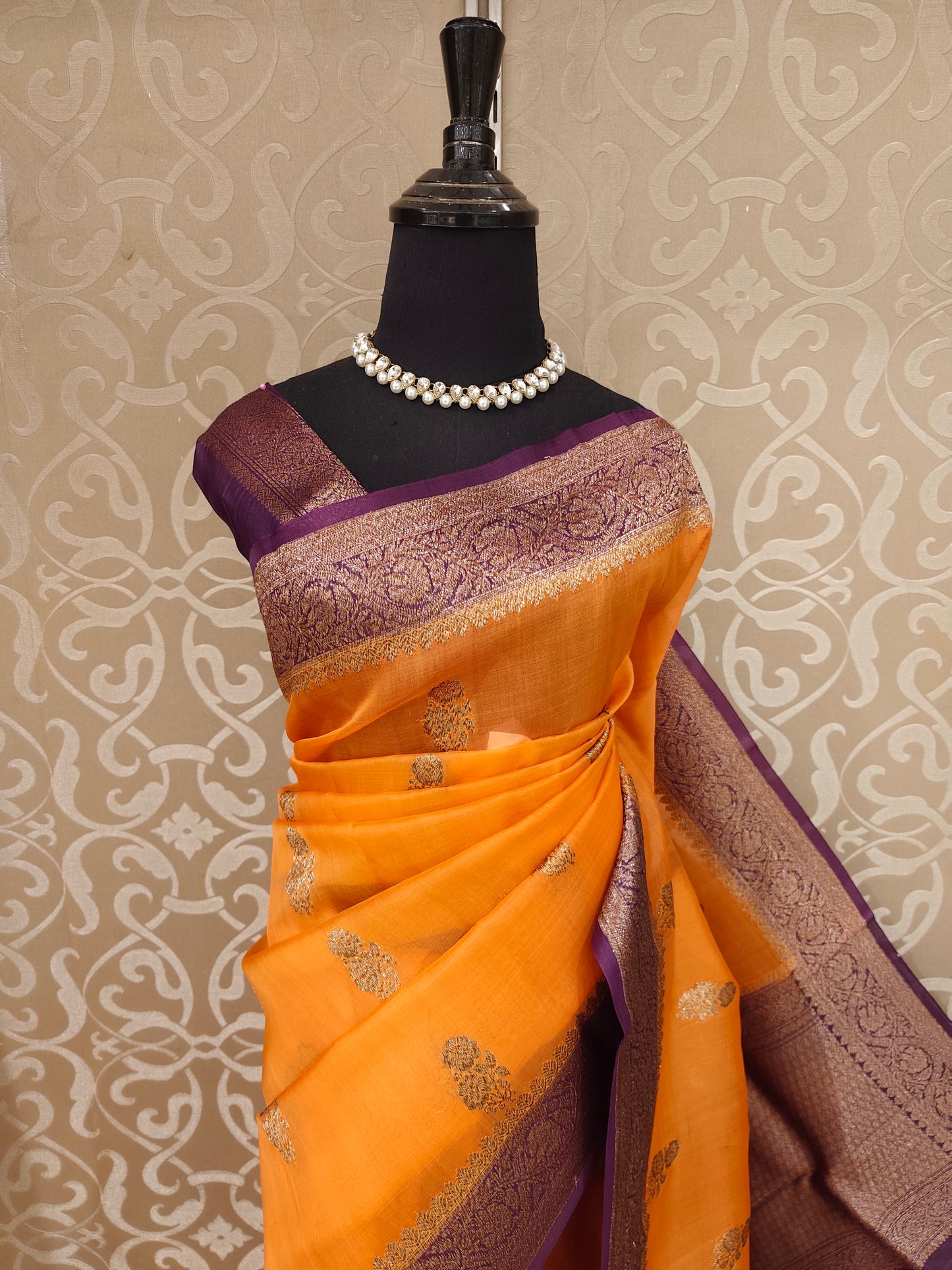 Musrad Yellow Kora Banarasi Silk Saree, With Unstiched Blouse