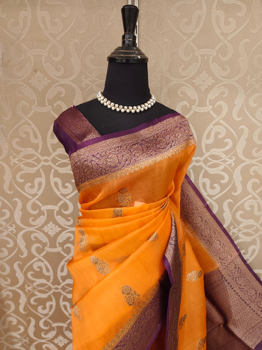 Musrad Yellow Kora Banarasi Silk Saree, With Unstiched Blouse