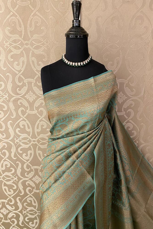 Firozi Brocade Kora Banarasi Silk Saree, With Unstiched Blouse