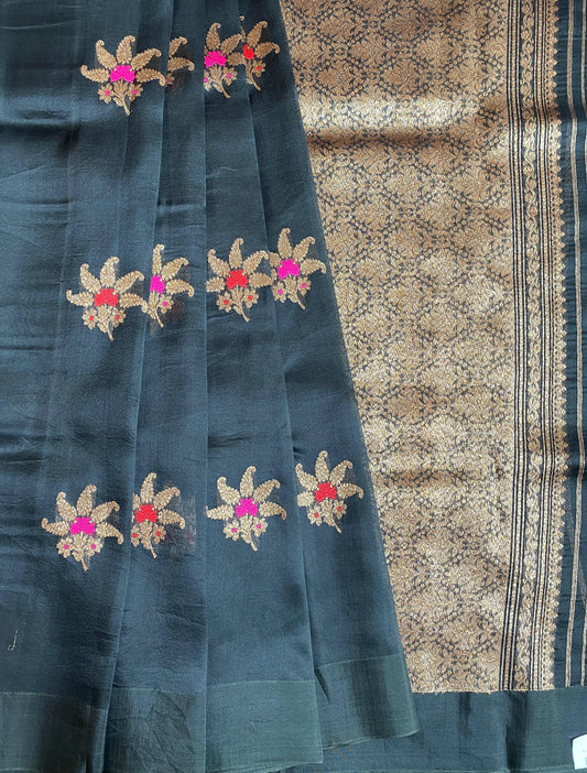 Black Kora Banarasi Silk Saree, With Unstiched Blouse