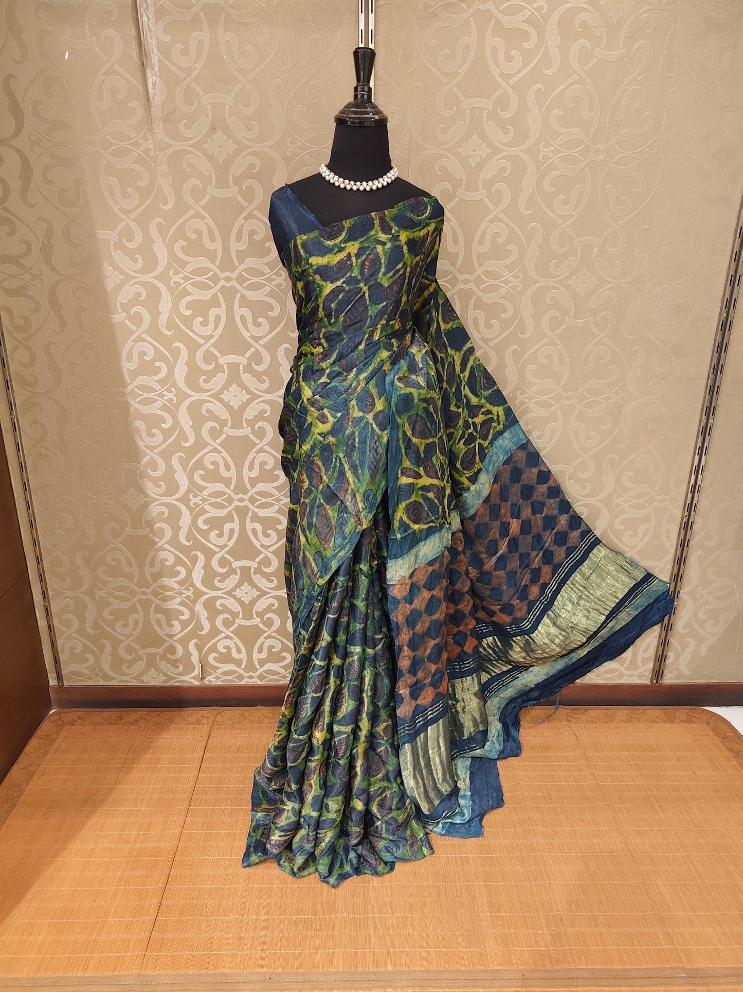 Multi Pure Modal Silk Ajrakh Printed Saree With Unstich Blouse