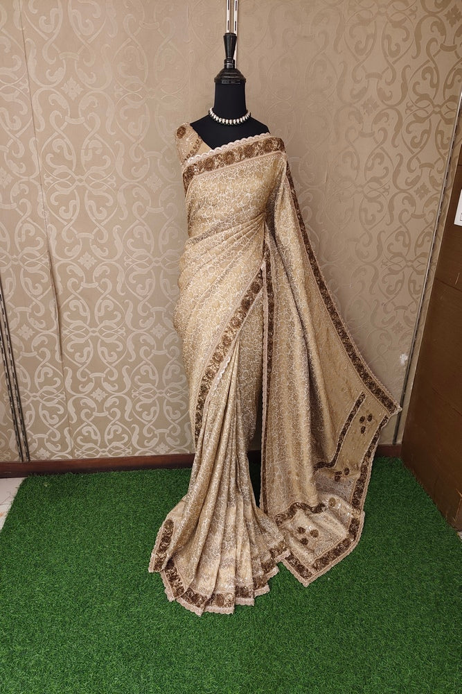 Beige Tissue Kanjeevaram Silk Sarees With Embroidery Work, With Unstiched Blouse