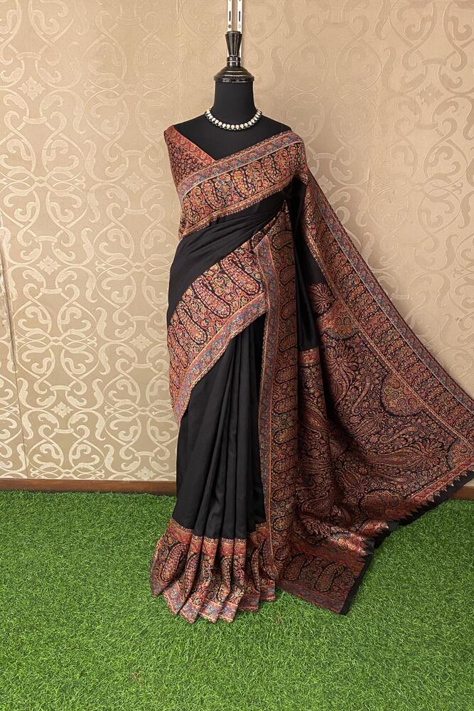 Black Pure Kani Handloom Silk Saree With Floral Woven Blouse