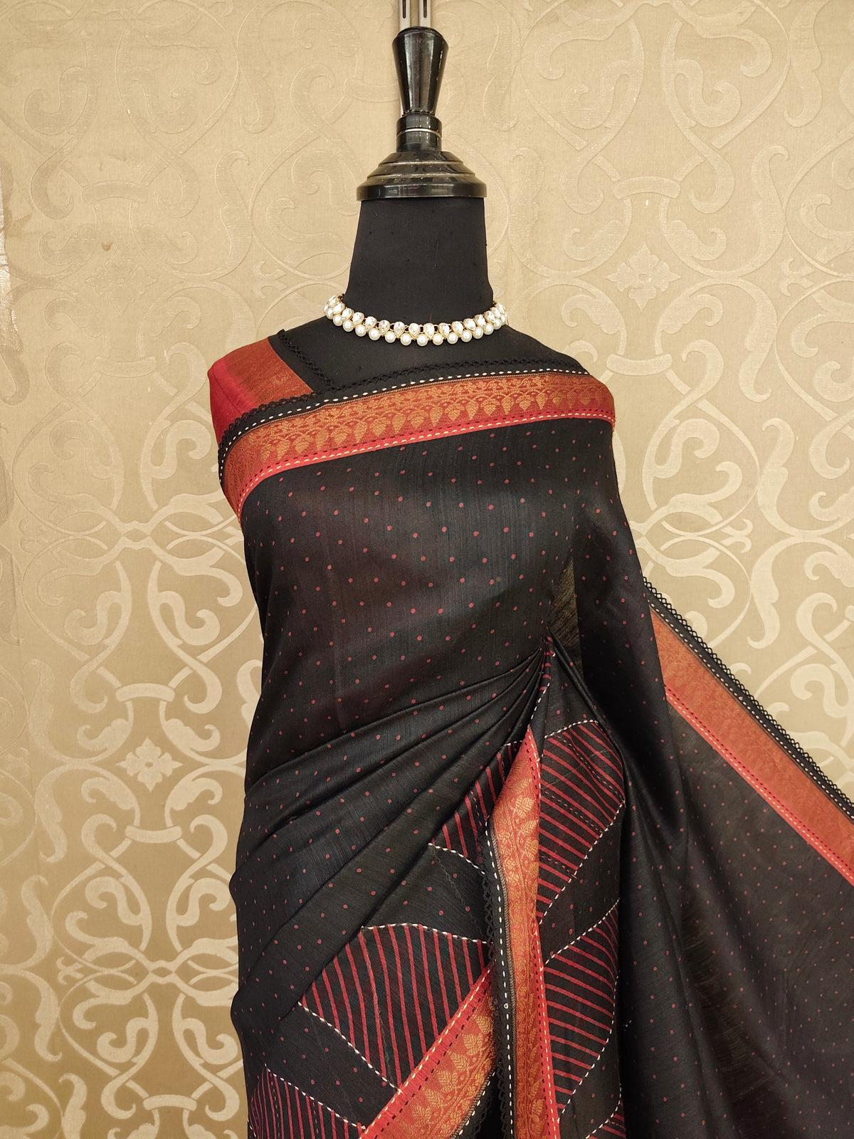 Black Munga Silk Printed Saree With Kantha Work, With Unstich Blouse