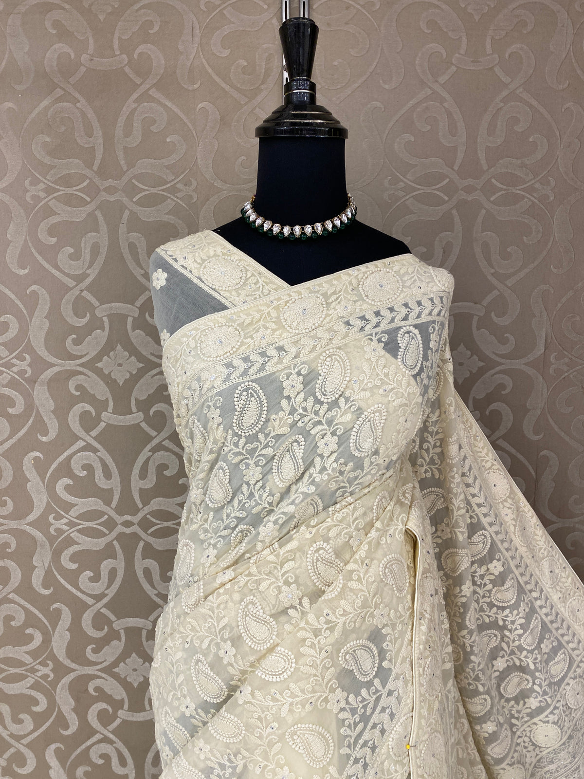 Off-White Georgette Chikankari Embroidery Saree, With Unstitched Blouse