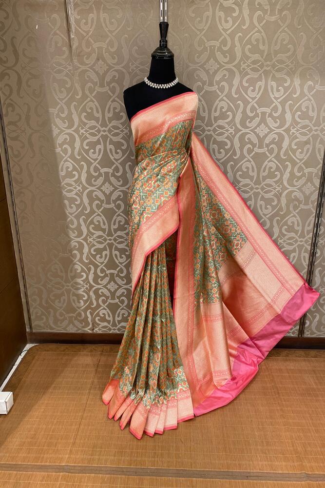 Pista Green & Multi Banarasi Silk Saree With Patola Concept, With Unstiched Blouse