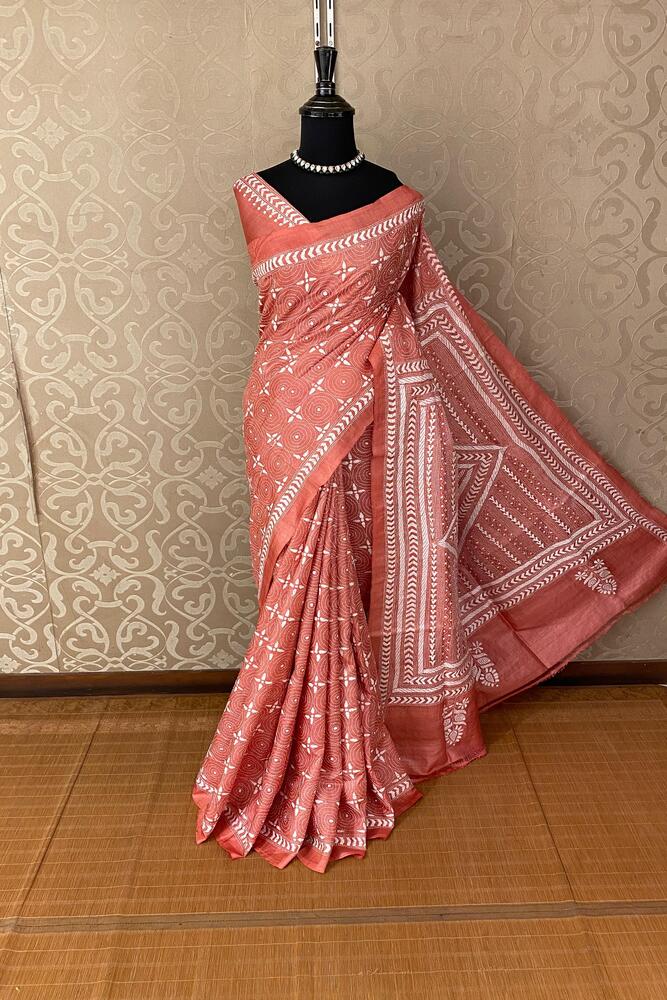 Light Peach Tussar Embroidery Saree With Kantha Work Border, With Unstitched Blouse