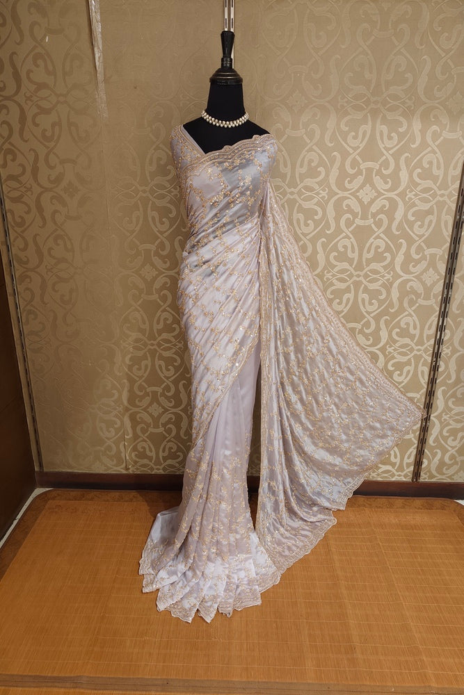Light Grey Soft Tissue Organza Silk Embroidery Saree, With Unstiched Blouse