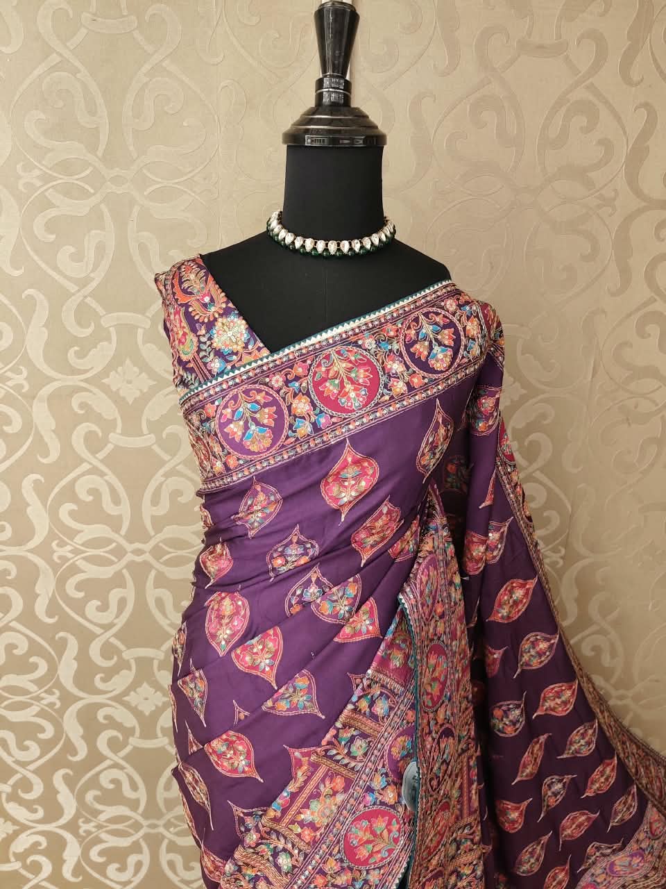 Purple Crepe Printed Stone Work Saree, With Unstiched Blouse