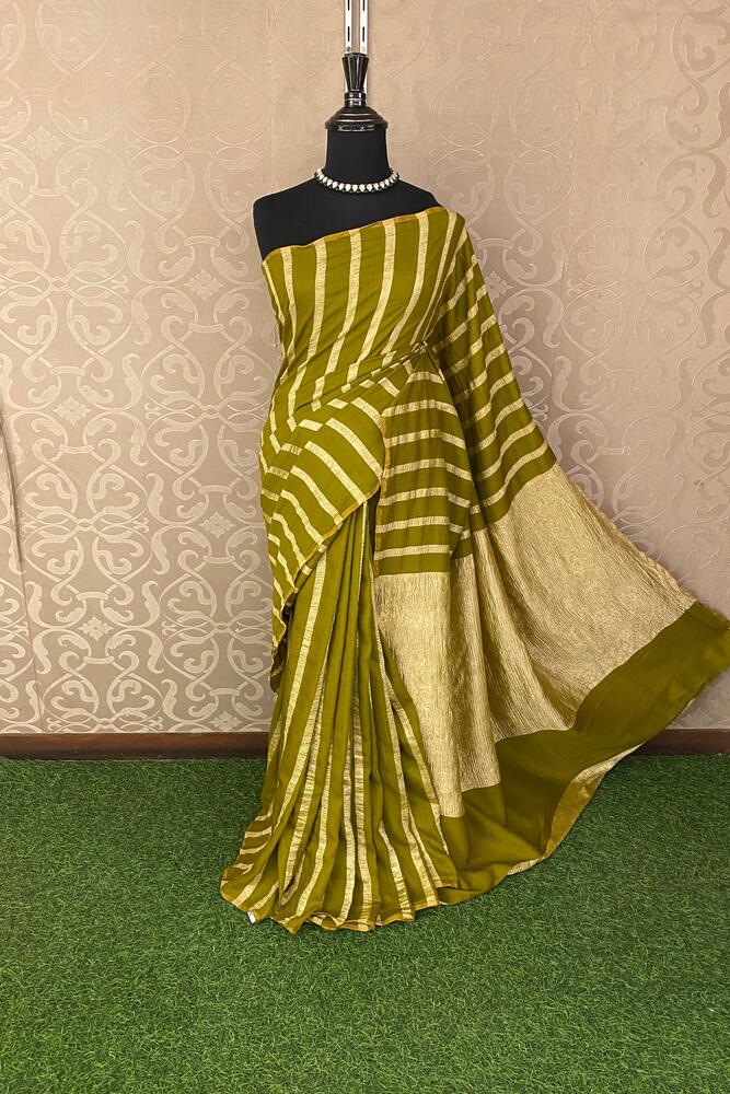 Gold & Lime Green Zari Stripe Munga Borderless Saree, With Unstiched Blouse