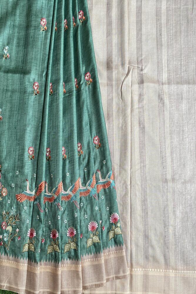 Sea Green Tussar Cotton Resham Work Saree, With Unstiched Blouse