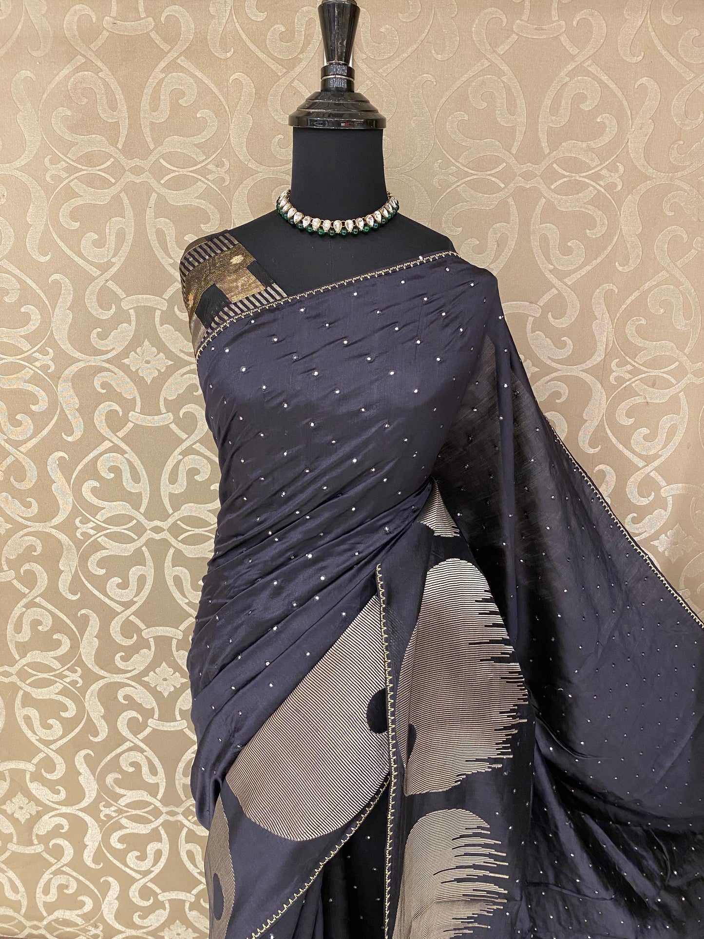 Black Munga Banarasi Silk Mirror Work Saree, With Unstiched Blouse