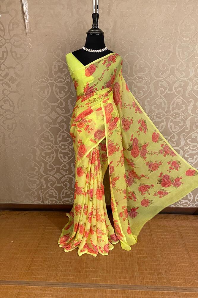 Lime Yellow Red Floral Printed Chiffon Saree, With Unstiched Blouse Piece