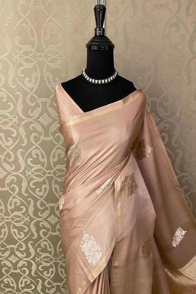 Peach Beige Mashru Silk Banarasi Handloom Saree, With Unstiched Blouse