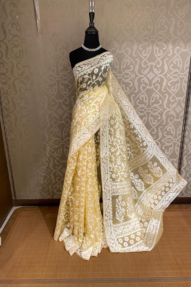 Yellow Muslin Jamdani Saree, With Unstiched Blouse
