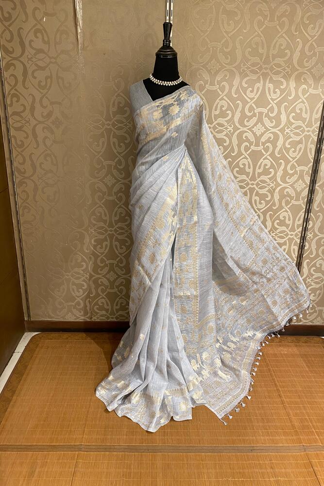 Light Grey Linen Banarasi Saree With Unstiched Blouse