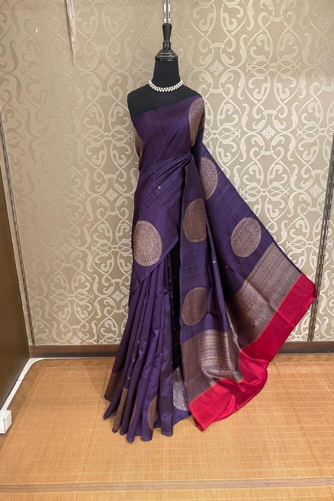 Violet Pure Raw Tussar Banarasi Silk Saree, Hand Woven Motifs With Unstiched Blouse