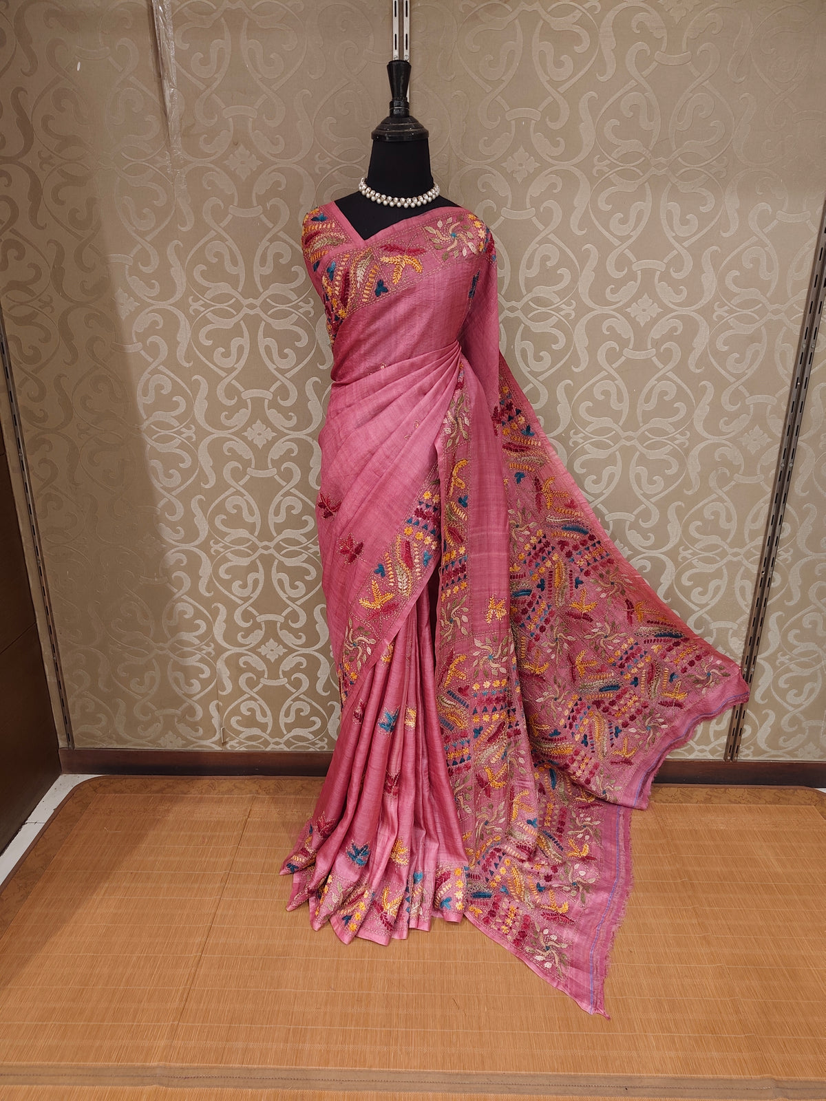 Pink Tussar Hand Embroidery Saree, With Unstitched Blouse
