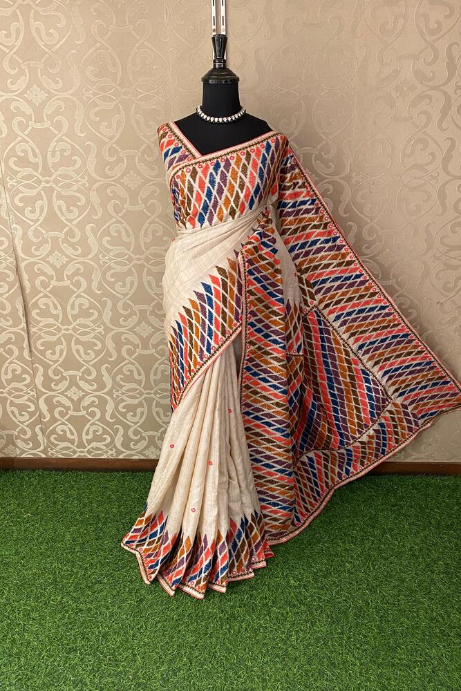 Off-White Tussar Embroidery Saree With Kathiawari Work Border, With Unstitched Blouse