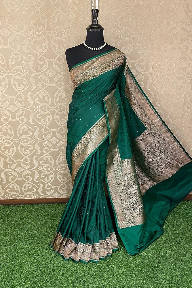 Forest Green Tanchoi Silk Saree Self Weaving With Unstiched Blouse