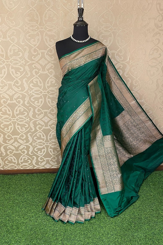 Forest Green Tanchoi Silk Saree Self Weaving With Unstiched Blouse