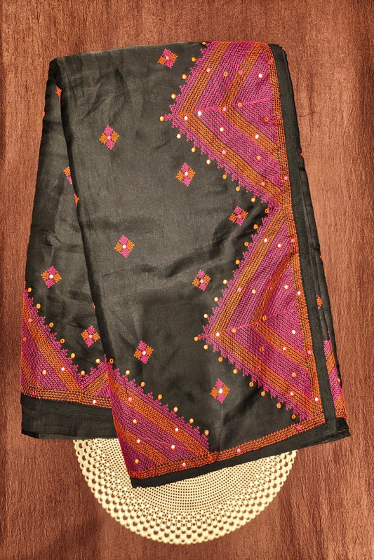 Black Semi Munga Silk Cross Stitch Work Saree, With Unstiched Blouse
