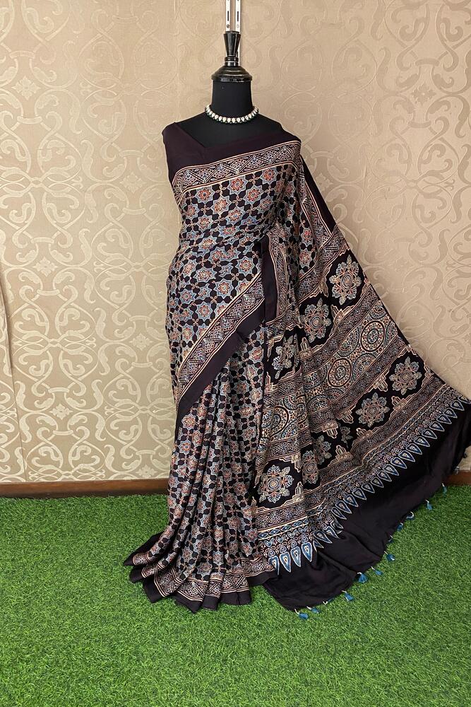 Black Pure Modal Silk Ajrakh Printed Saree With Unstiched Blouse