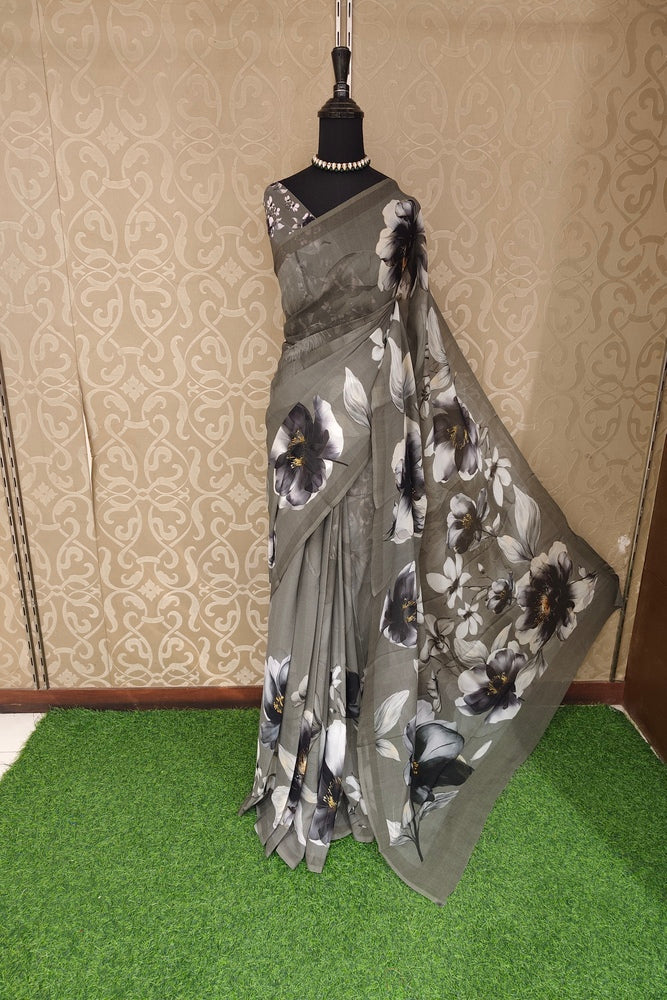 Grey Floral Printed Chiffon Saree, With Unstiched Blouse Piece