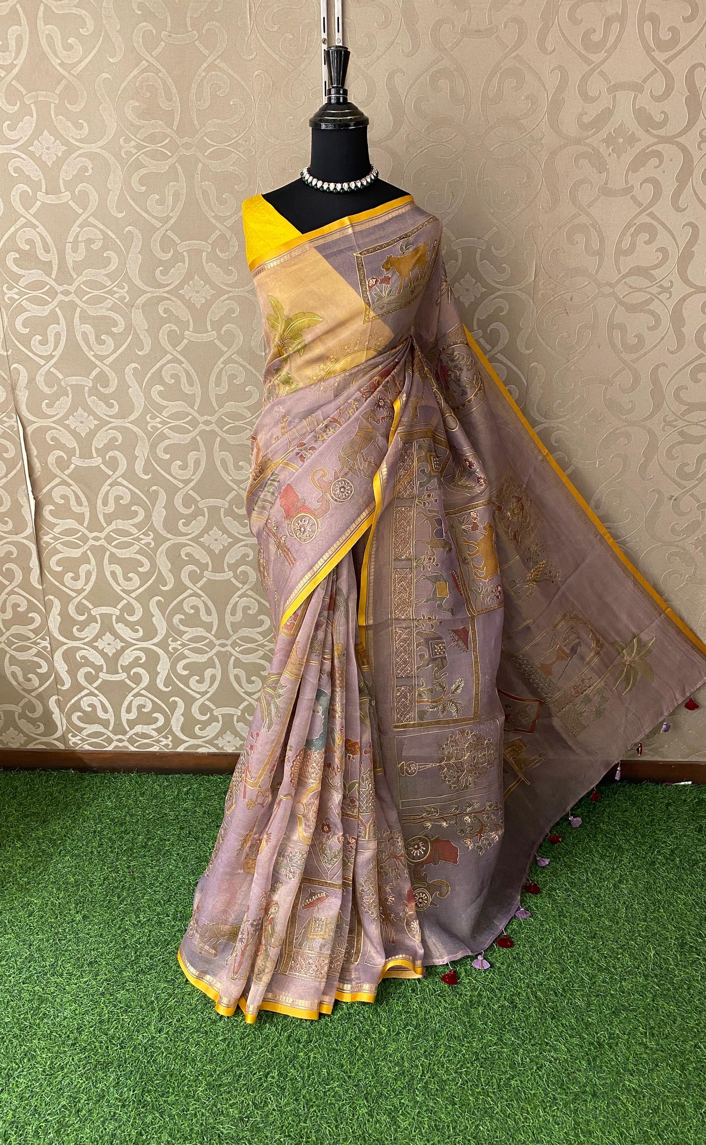 Mauve Tissue Organza Silk With Ari Work Saree, With Unstiched Blouse