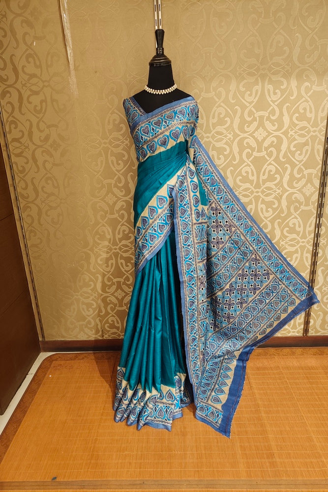 Teal Blue Tussar Embroidery Saree With Kantha Work Border, With Unstitched Blouse