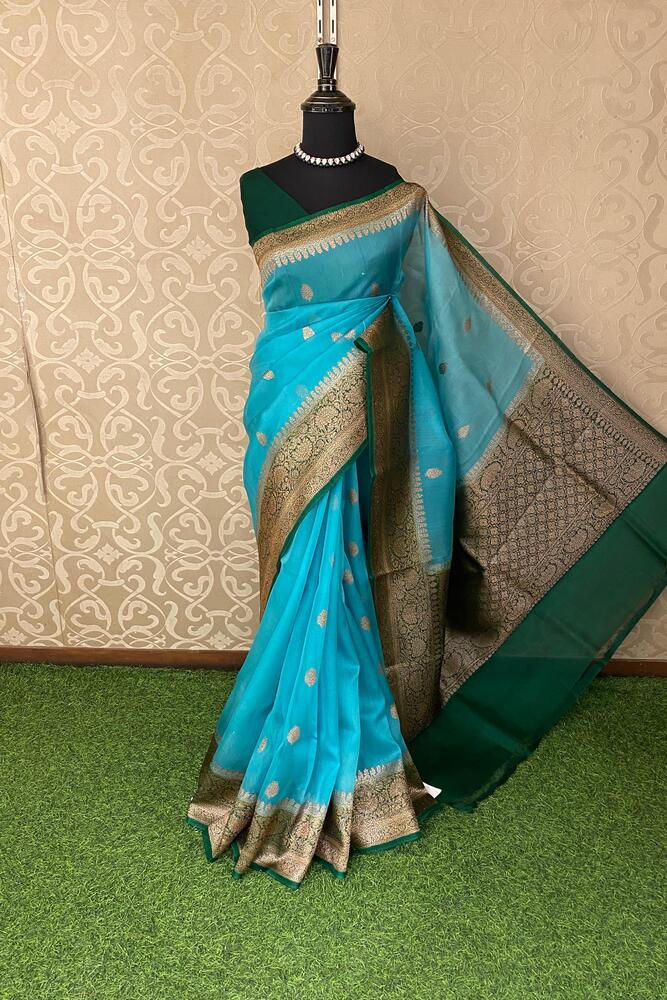 Sky Blue Kora Banarasi Silk Saree, With Unstiched Blouse