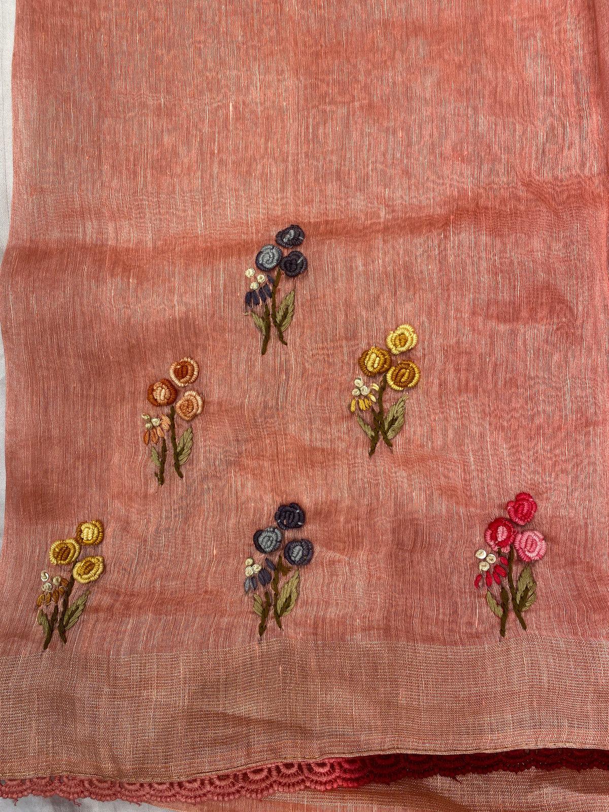 Peach Linen Silk Saree Hand Embroidered Work, With Unstiched Blouse