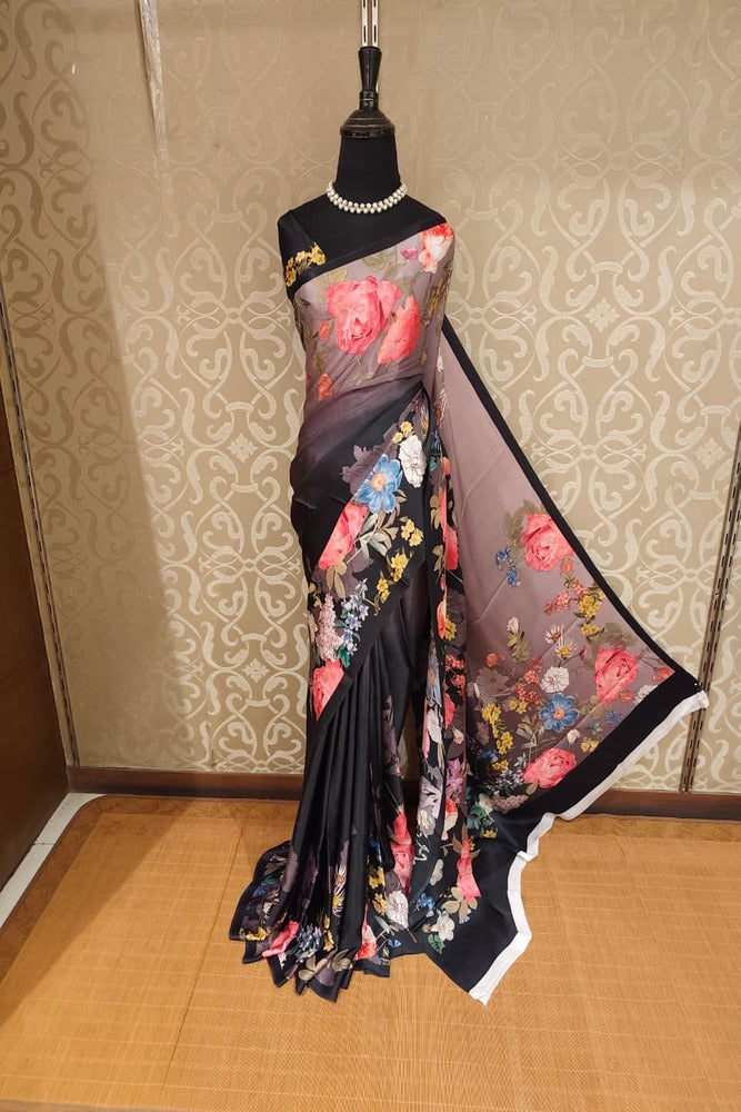 Black & Multi Floral Printed Satin Crepe Saree, With Unstiched Blouse