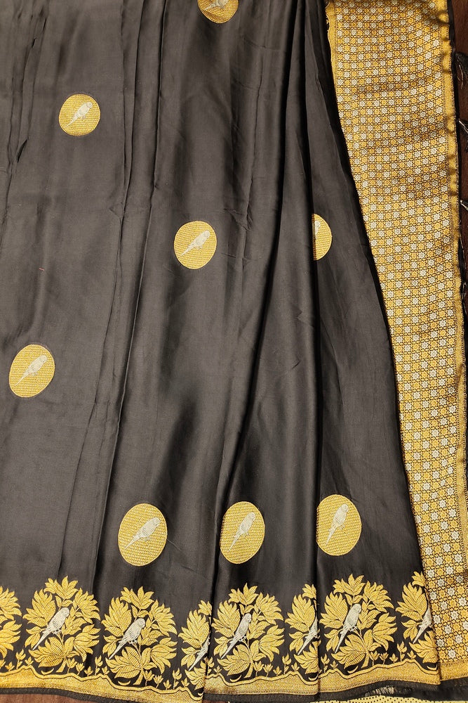 Black Semi Mashru Silk Sarees With Unstiched Blouse