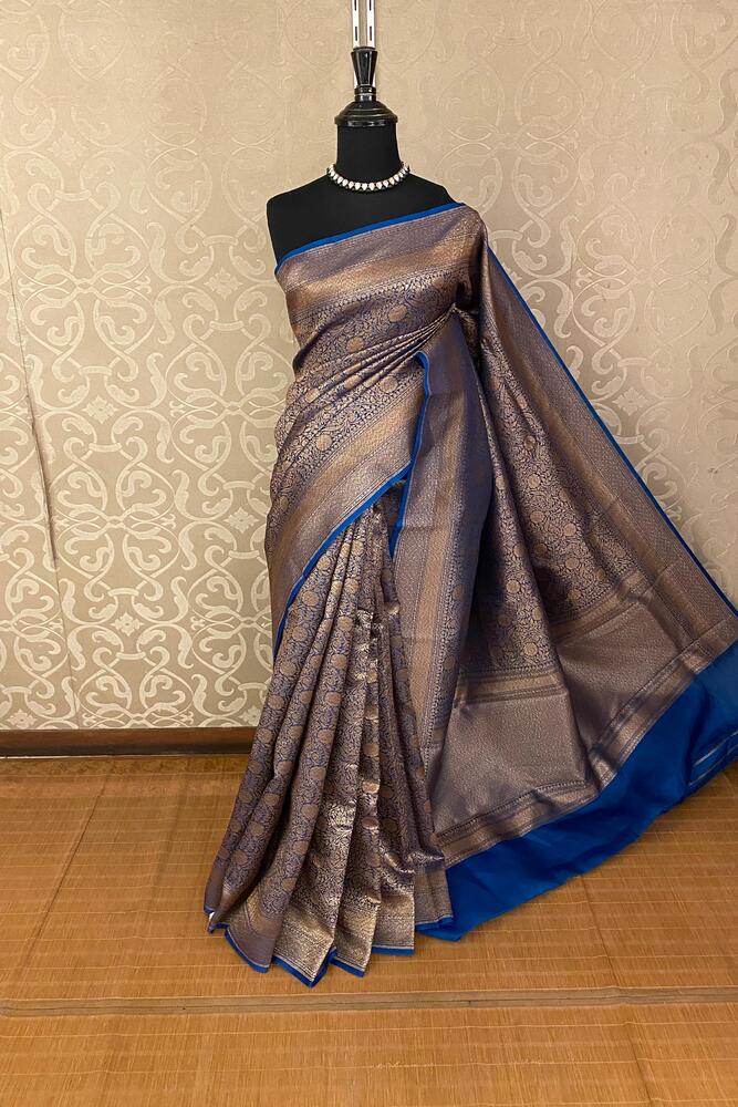 Indigo Blue Brocade Kora Banarasi Silk Saree, With Unstiched Blouse