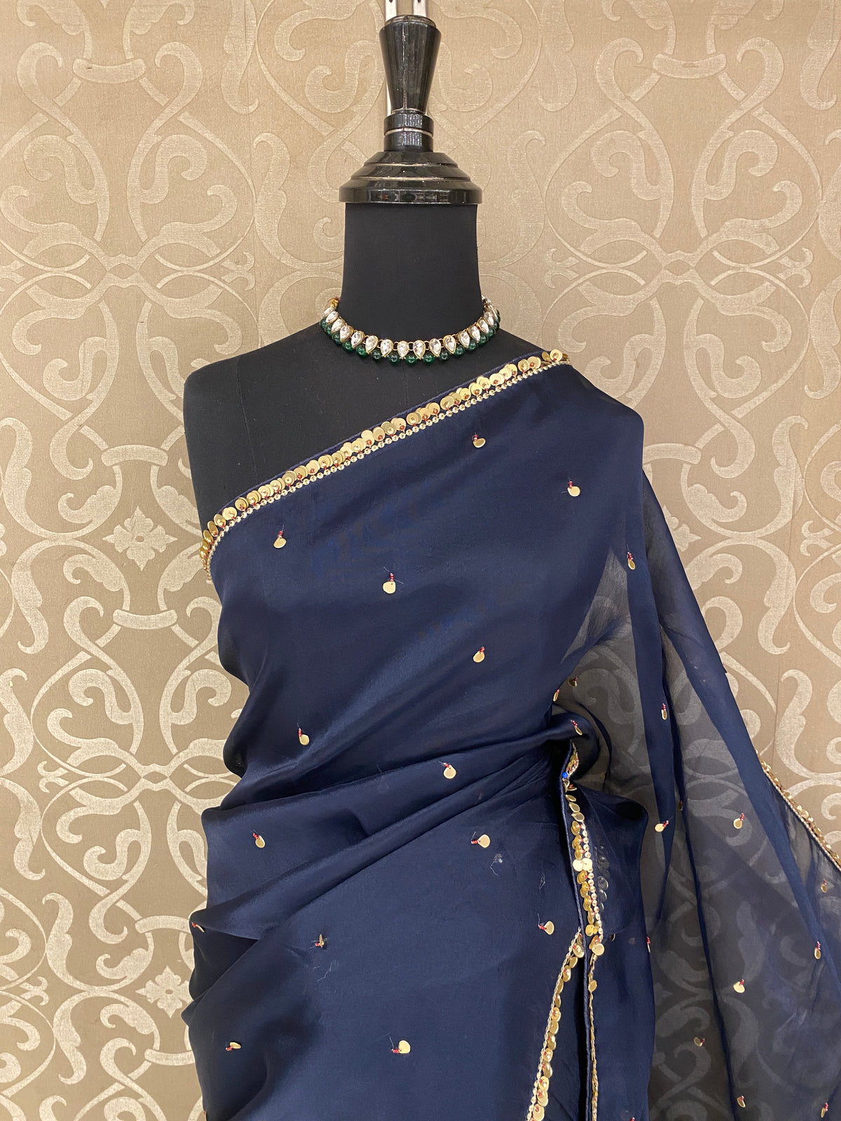 Navy Blue Organza Silk Embroidery Saree, With Readymade Blouse