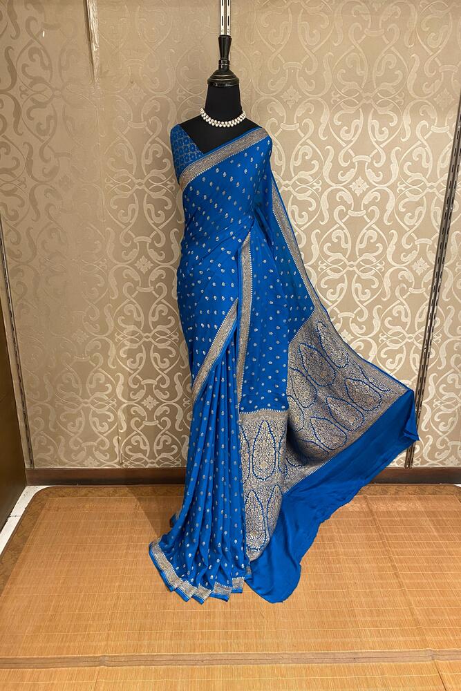 Royal Blue Crepe Khaddi Banarasi Silk Saree With Unstiched Blouse