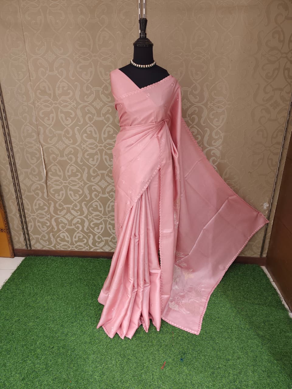 Pink Tussar Applique Work Saree, With Unstiched Blouse