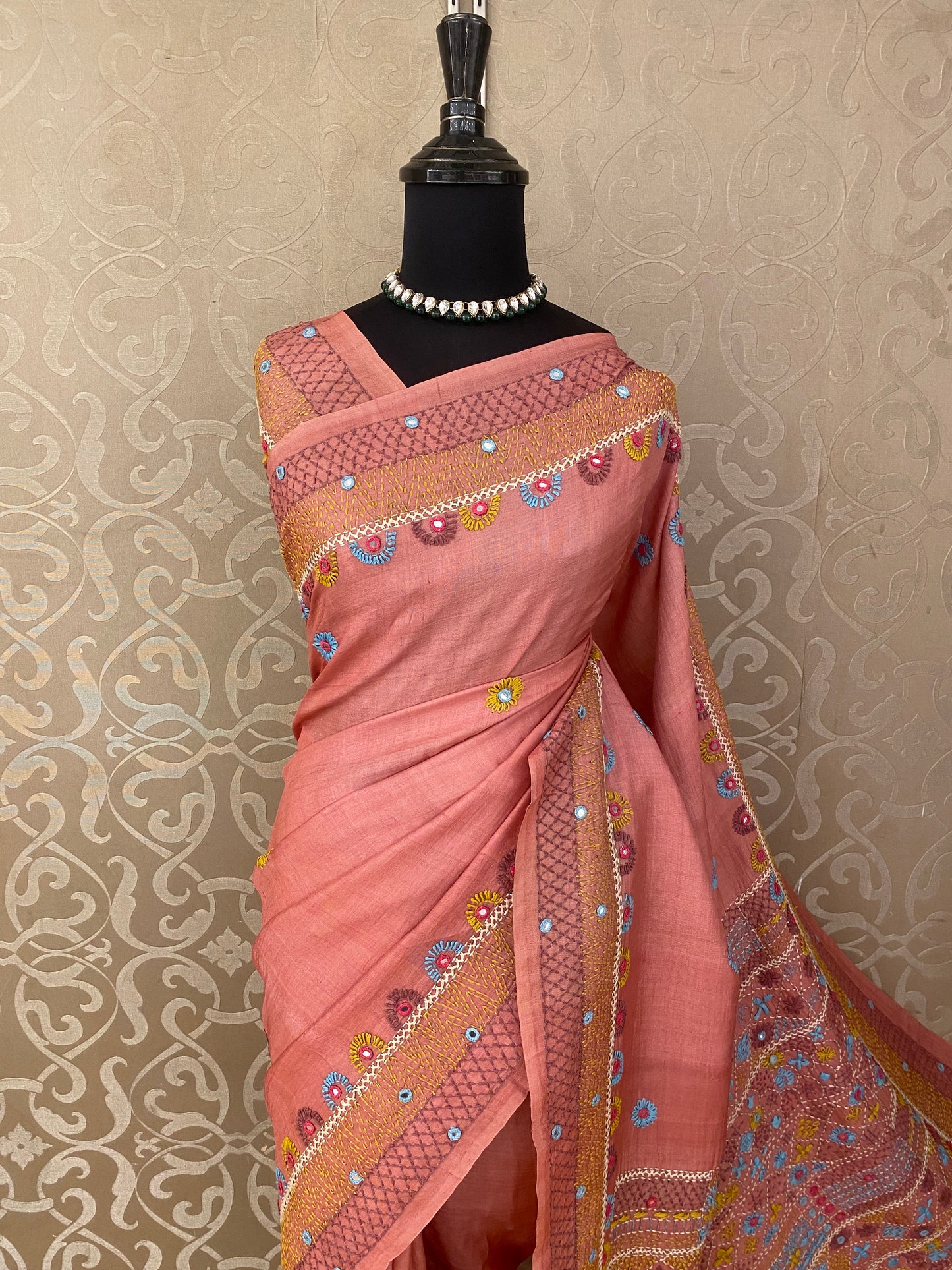 Peach Tussar Embroidery Saree With Lambani Work Border, With Unstitched Blouse