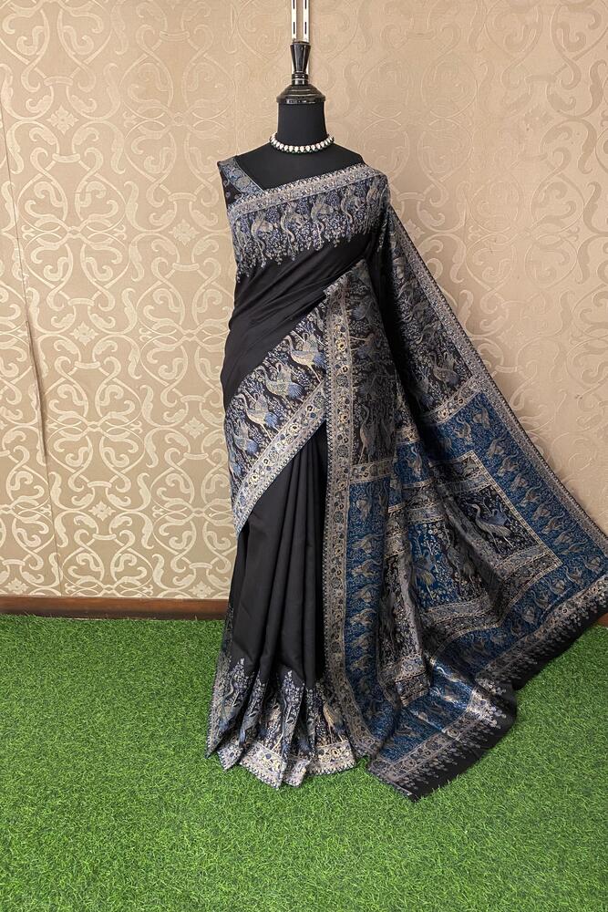 Black Pure Kani Handloom Silk Saree With Unstiched Jamewar Woven Blouse